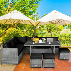 7 Piece Wicker Patio Sectional Dining Set, 3 Loveseats, Slatted Top Table and 3 Ottomans, Black on Grey