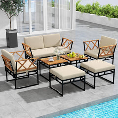 7 Piece Metal and Acacia Patio Conversation Set with Bungee Rope Seats, 2 Ottomans and 2 Tables, Beige
