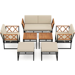 7 Piece Metal and Acacia Patio Conversation Set with Bungee Rope Seats, 2 Ottomans and 2 Tables, Beige