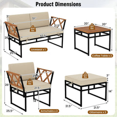 7 Piece Metal and Acacia Patio Conversation Set with Bungee Rope Seats, 2 Ottomans and 2 Tables, Beige