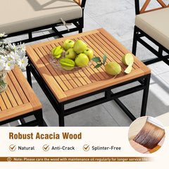 7 Piece Metal and Acacia Patio Conversation Set with Bungee Rope Seats, 2 Ottomans and 2 Tables, Beige
