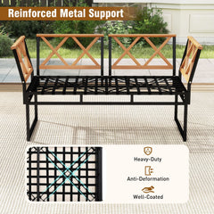 7 Piece Metal and Acacia Patio Conversation Set with Bungee Rope Seats, 2 Ottomans and 2 Tables, Beige