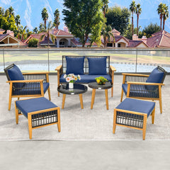 7 Piece Acacia and Rattan Patio Conversation Set with 2 Ottomans and 2 Round Glass Tables, Navy