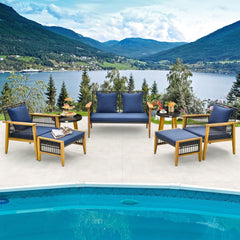 7 Piece Acacia and Rattan Patio Conversation Set with 2 Ottomans and 2 Round Glass Tables, Navy