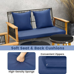 7 Piece Acacia and Rattan Patio Conversation Set with 2 Ottomans and 2 Round Glass Tables, Navy