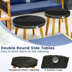 7 Piece Acacia and Rattan Patio Conversation Set with 2 Ottomans and 2 Round Glass Tables, Navy
