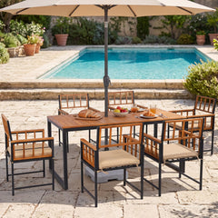7 Piece Acacia and Steel Patio Dining Set for 6, 63 Inch Table and Six Lattice Back Armchairs, Natural and Black