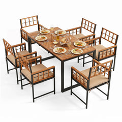 7 Piece Acacia and Steel Patio Dining Set for 6, 63 Inch Table and Six Lattice Back Armchairs, Natural and Black