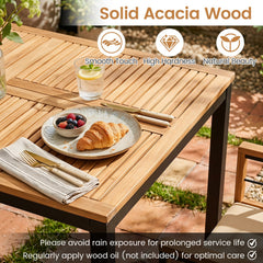 7 Piece Acacia and Steel Patio Dining Set for 6, 63 Inch Table and Six Lattice Back Armchairs, Natural and Black