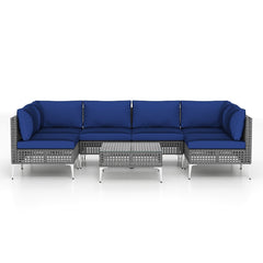 7 Piece Gray Wicker Patio Sectional Conversation Set with Glass Top Coffee Table, Navy