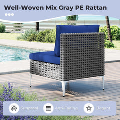 7 Piece Gray Wicker Patio Sectional Conversation Set with Glass Top Coffee Table, Navy