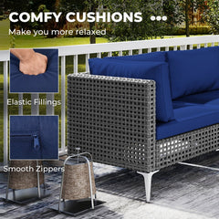 7 Piece Gray Wicker Patio Sectional Conversation Set with Glass Top Coffee Table, Navy