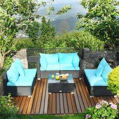 7 Piece Wicker Patio Sectional Sofa Set, Corner and Armless Seats with 29 Inch Glass Table, Turquoise on Black