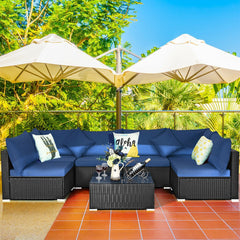7 Piece Outdoor Wicker Sectional Set, 6 Seats and Glass Table on L Shaped Aluminium Feet, Navy on Black