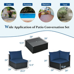 7 Piece Outdoor Wicker Sectional Set, 6 Seats and Glass Table on L Shaped Aluminium Feet, Navy on Black