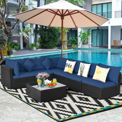 7 Piece Outdoor Wicker Sectional Set, 6 Seats and Glass Table on L Shaped Aluminium Feet, Navy on Black