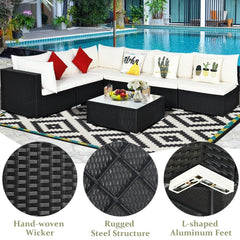 7 Piece Outdoor Wicker Sectional Sofa Set, 2 Corners, 4 Armless Seats and Glass Table, Cream on Black