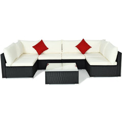 7 Piece Outdoor Wicker Sectional Sofa Set, 2 Corners, 4 Armless Seats and Glass Table, Cream on Black