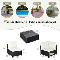 7 Piece Outdoor Wicker Sectional Sofa Set, 2 Corners, 4 Armless Seats and Glass Table, Cream on Black