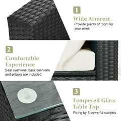 7 Piece Outdoor Wicker Sectional Sofa Set, 2 Corners, 4 Armless Seats and Glass Table, Cream on Black