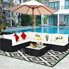 7 Piece Outdoor Wicker Sectional Sofa Set, 2 Corners, 4 Armless Seats and Glass Table, Cream on Black