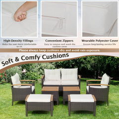 7 Piece Wicker Patio Conversation Set with Acacia Armrests, 2 Ottomans and 2 Side Tables, Off White