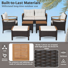 7 Piece Wicker Patio Conversation Set with Acacia Armrests, 2 Ottomans and 2 Side Tables, Off White