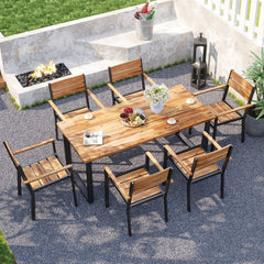 7 Piece Acacia Patio Dining Set for 6, 63 Inch Table with Lidded 2 Inch Umbrella Hole and 6 Stackable Armchairs