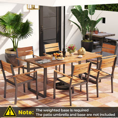 7 Piece Acacia Patio Dining Set for 6, 63 Inch Table with Lidded 2 Inch Umbrella Hole and 6 Stackable Armchairs