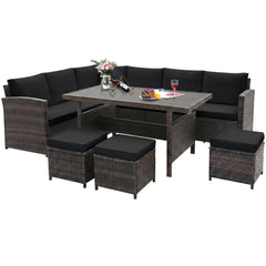 7 Piece Hand Woven Wicker Patio Set, 3 Sofa Sections, 3 Ottomans and 51 in Slatted Table, Black Cushions