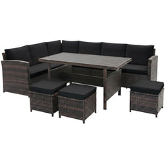 7 Piece Hand Woven Wicker Patio Set, 3 Sofa Sections, 3 Ottomans and 51 in Slatted Table, Black Cushions