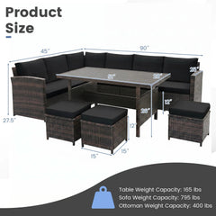 7 Piece Hand Woven Wicker Patio Set, 3 Sofa Sections, 3 Ottomans and 51 in Slatted Table, Black Cushions