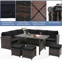 7 Piece Hand Woven Wicker Patio Set, 3 Sofa Sections, 3 Ottomans and 51 in Slatted Table, Black Cushions