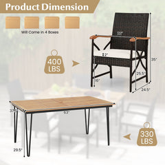 7 Piece Wicker Patio Dining Set with 63 in Acacia Table and 6 Armchairs