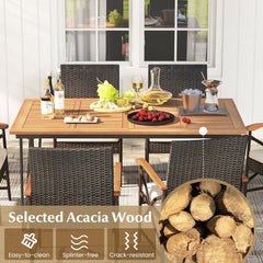 7 Piece Wicker Patio Dining Set with 63 in Acacia Table and 6 Armchairs