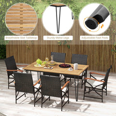 7 Piece Wicker Patio Dining Set with 63 in Acacia Table and 6 Armchairs