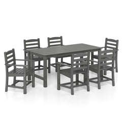 7 Piece HDPE Patio Dining Set for 6, 67 Inch Grey Wood Look Table and 6 Slatted Armchairs with Stainless Screws