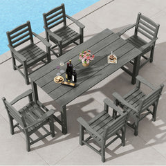 7 Piece HDPE Patio Dining Set for 6, 67 Inch Grey Wood Look Table and 6 Slatted Armchairs with Stainless Screws