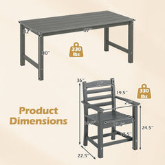 7 Piece HDPE Patio Dining Set for 6, 67 Inch Grey Wood Look Table and 6 Slatted Armchairs with Stainless Screws