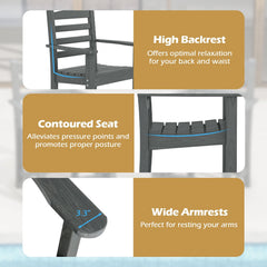7 Piece HDPE Patio Dining Set for 6, 67 Inch Grey Wood Look Table and 6 Slatted Armchairs with Stainless Screws