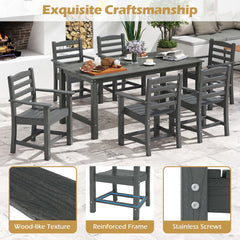 7 Piece HDPE Patio Dining Set for 6, 67 Inch Grey Wood Look Table and 6 Slatted Armchairs with Stainless Screws