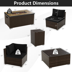 7 Piece Outdoor Furniture Set with 32 in 40,000 BTU Propane Fire Pit Table, Propane Tank Cover Table and Mix Brown Wicker Sofas, Black Cushions