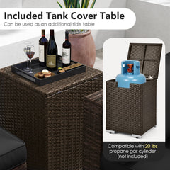 7 Piece Outdoor Furniture Set with 32 in 40,000 BTU Propane Fire Pit Table, Propane Tank Cover Table and Mix Brown Wicker Sofas, Black Cushions