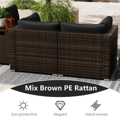 7 Piece Outdoor Furniture Set with 32 in 40,000 BTU Propane Fire Pit Table, Propane Tank Cover Table and Mix Brown Wicker Sofas, Black Cushions