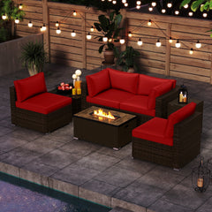 7 Piece Outdoor Furniture Set with 32 in 40,000 BTU Propane Fire Pit Table, Propane Tank Cover Table and Mix Brown Wicker Sofas, Red Cushions