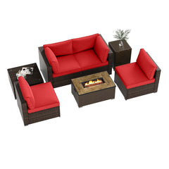 7 Piece Outdoor Furniture Set with 32 in 40,000 BTU Propane Fire Pit Table, Propane Tank Cover Table and Mix Brown Wicker Sofas, Red Cushions