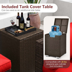 7 Piece Outdoor Furniture Set with 32 in 40,000 BTU Propane Fire Pit Table, Propane Tank Cover Table and Mix Brown Wicker Sofas, Red Cushions