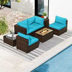 7 Piece Outdoor Furniture Set with 32 in 40,000 BTU Propane Fire Pit Table, Propane Tank Cover Table and Mix Brown Wicker Sofas, Turquoise Cushions