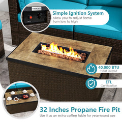 7 Piece Outdoor Furniture Set with 32 in 40,000 BTU Propane Fire Pit Table, Propane Tank Cover Table and Mix Brown Wicker Sofas, Turquoise Cushions