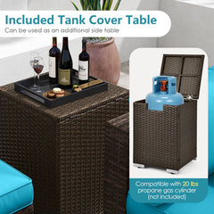 7 Piece Outdoor Furniture Set with 32 in 40,000 BTU Propane Fire Pit Table, Propane Tank Cover Table and Mix Brown Wicker Sofas, Turquoise Cushions